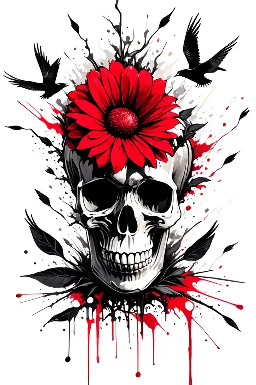 Skull With A Flower Growing Out Of It The 4 Swallows Flying In The Background