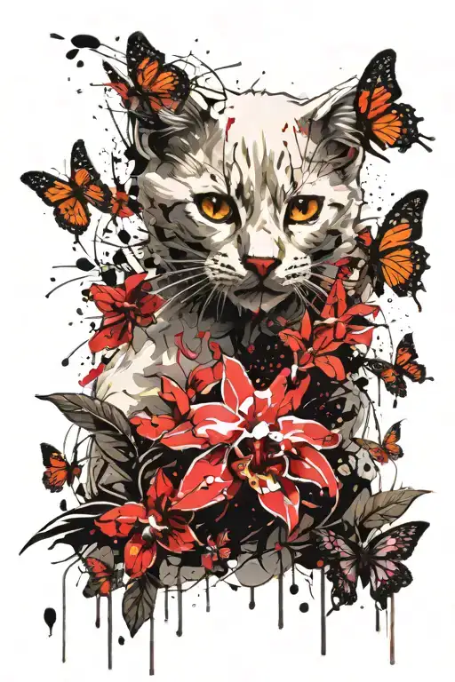 White Kitten Sits Sniffing Orchid And Butterflies Fly Around