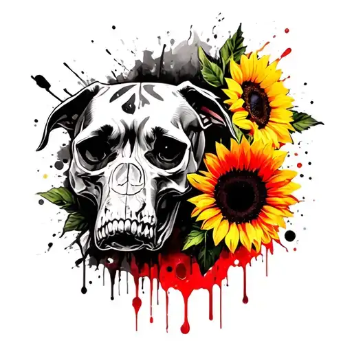 Pitbull Skull And Sunflowers Intertwined