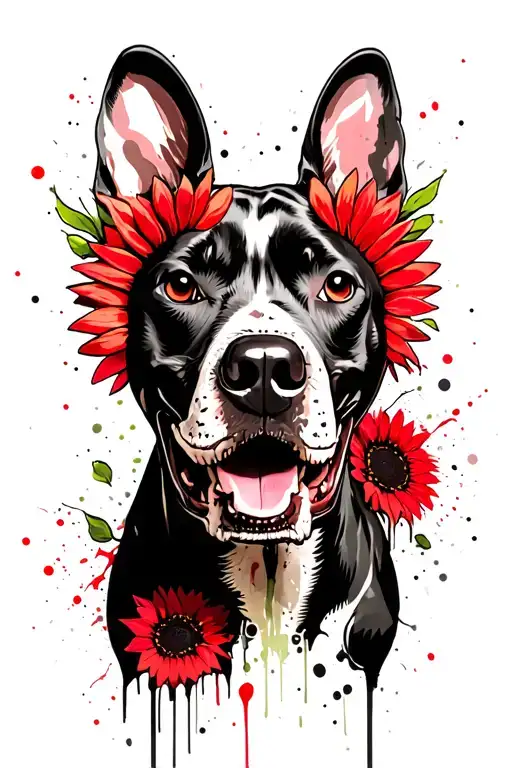 Pitbull Skull With Sunflowers Long Greens Stems