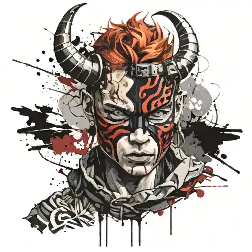 Boy With Red Hair And Black Eyes Wearing An Oni Mask