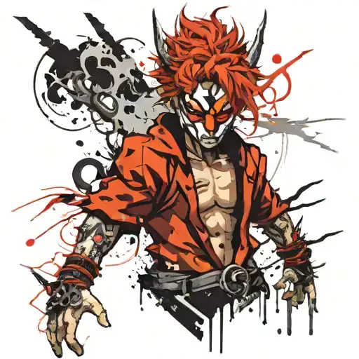 Boy With Fire Hair And Black Eyes Wearing An Oni Mask