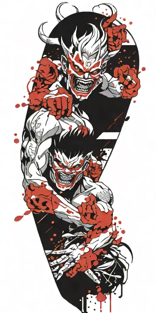 Anime Character Wearing A Oni Mask Fighting Off Inner Demons