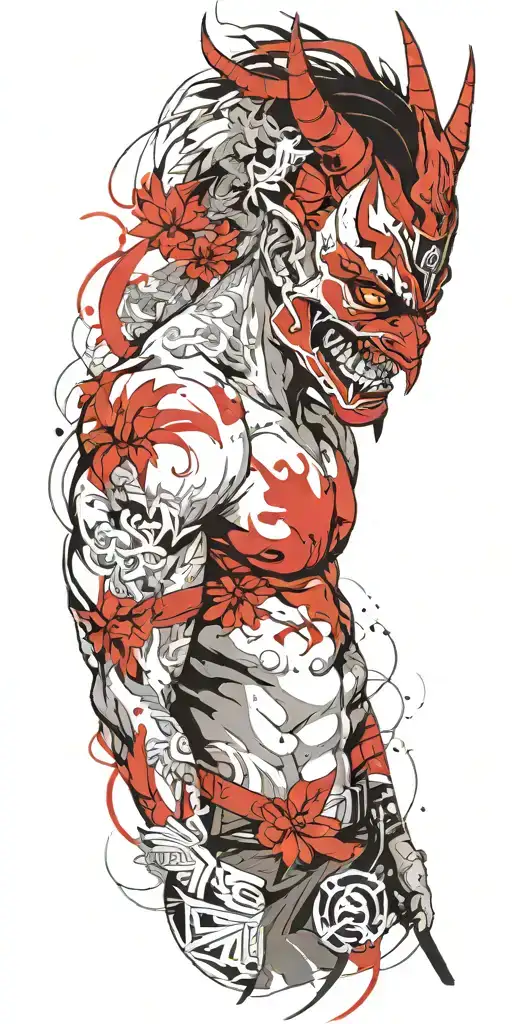 Anime Character Wearing A Oni Mask Fighting Off Inner Demons