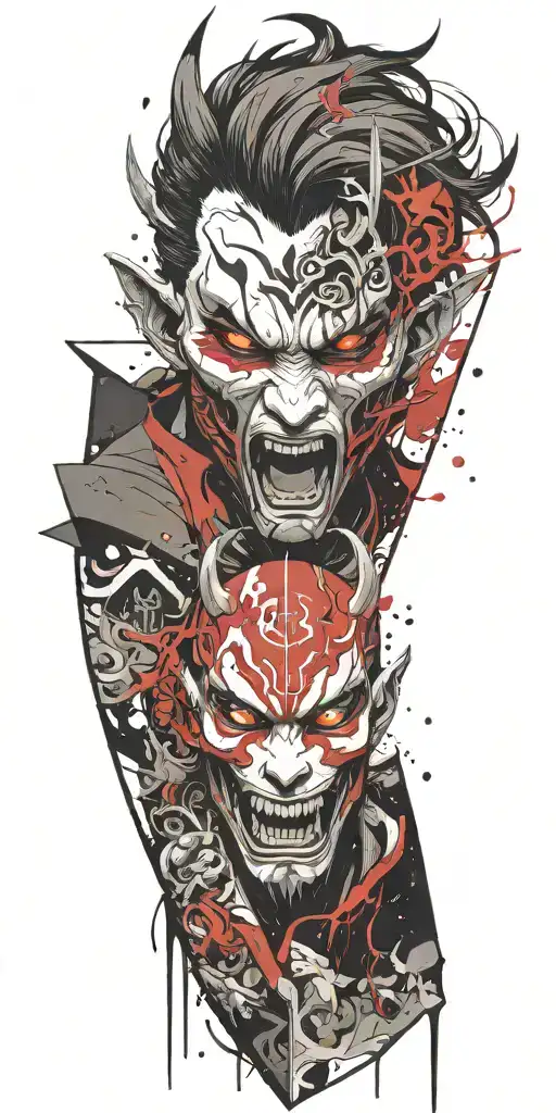 Anime Character Wearing A Oni Mask Fighting Off Inner Demons