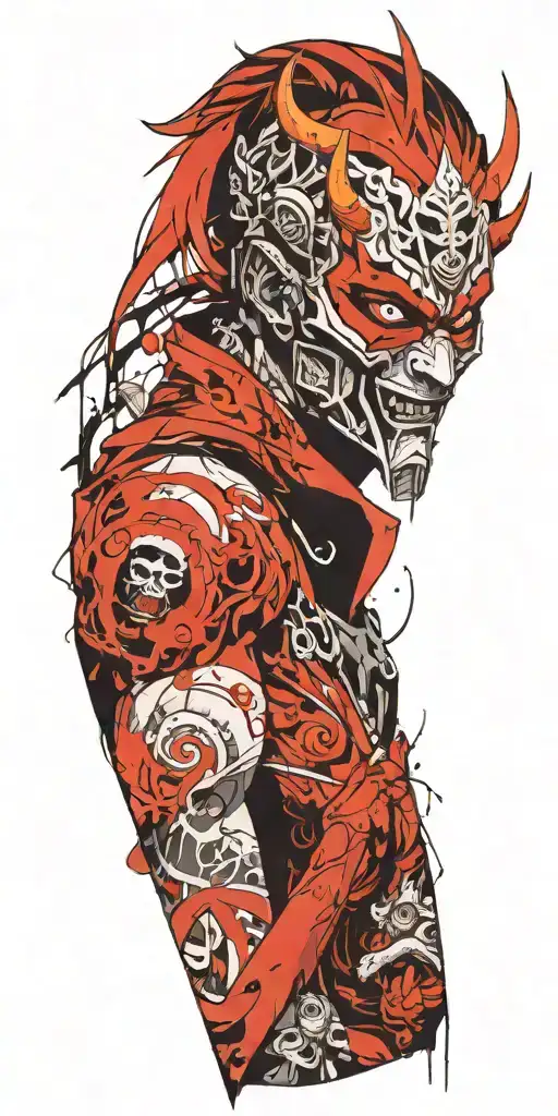 Anime Character Wearing A Oni Mask Fighting Off Inner Demons