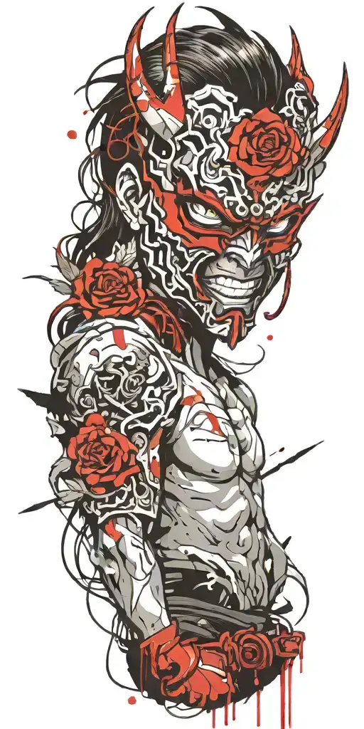 Anime Character Wearing A Oni Mask Fighting Off Inner Demons