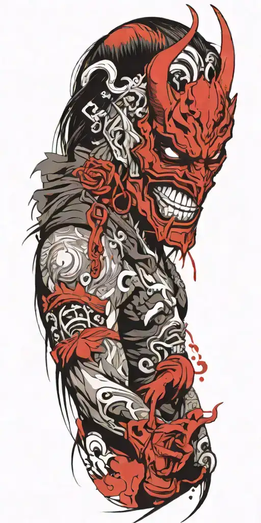 Anime Character Wearing A Oni Mask Fighting Off Inner Demons