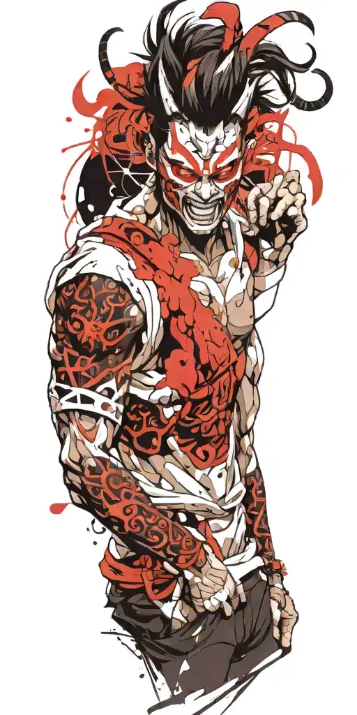 Anime Character Wearing A Oni Mask Fighting Off Inner Demons