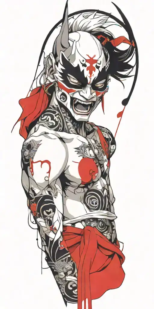Anime Character Wearing A Oni Mask Fighting Off Inner Demons