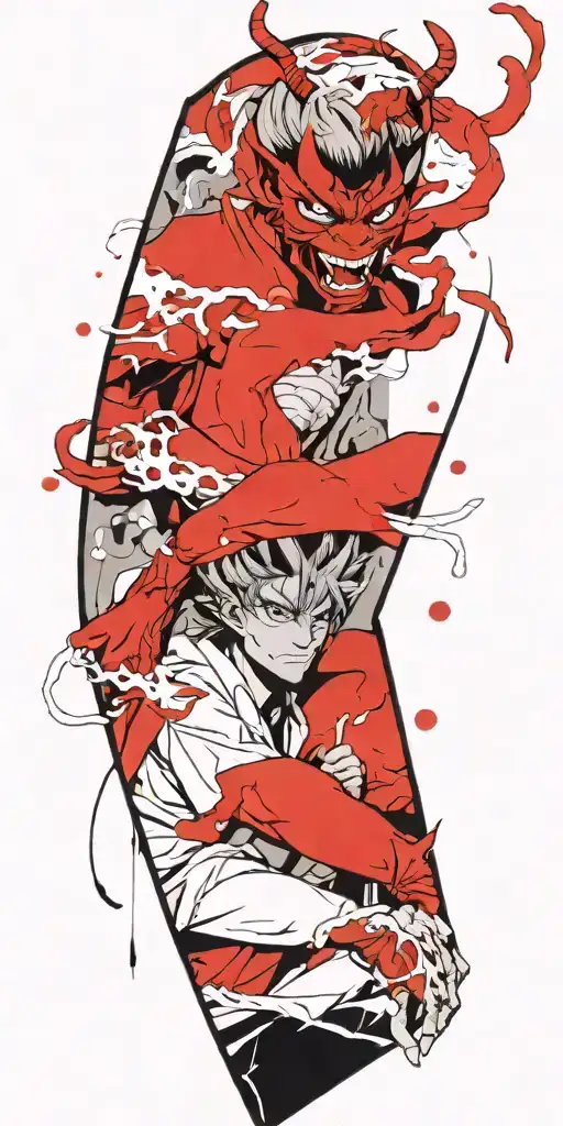 Anime Character Wearing A Oni Mask Fighting Off Inner Demons