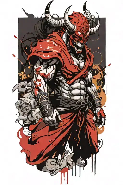 Anime Character Full Body Wearing A Oni Mask Fighting Off Inner Demons With Minimal Black Areas