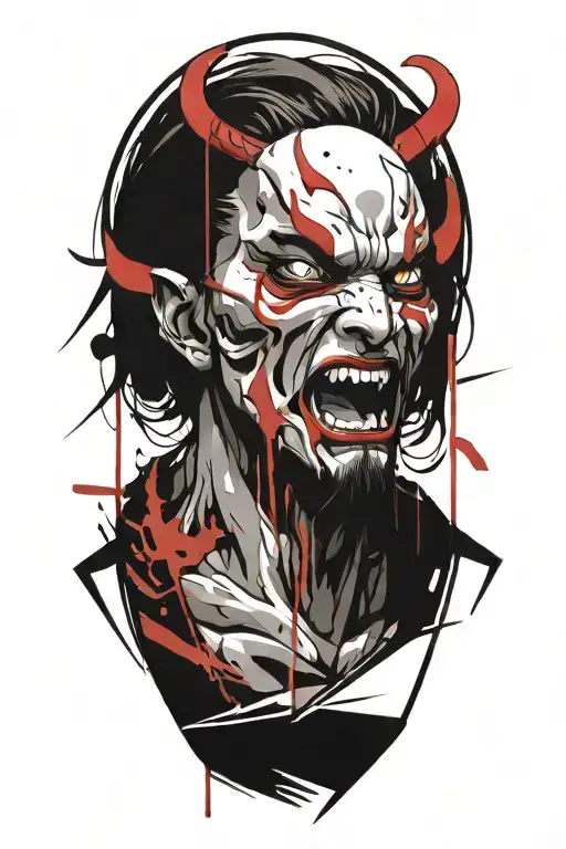 Anime Character Standing Screaming Wearing Oni Mask Fighting Off Inner Demons