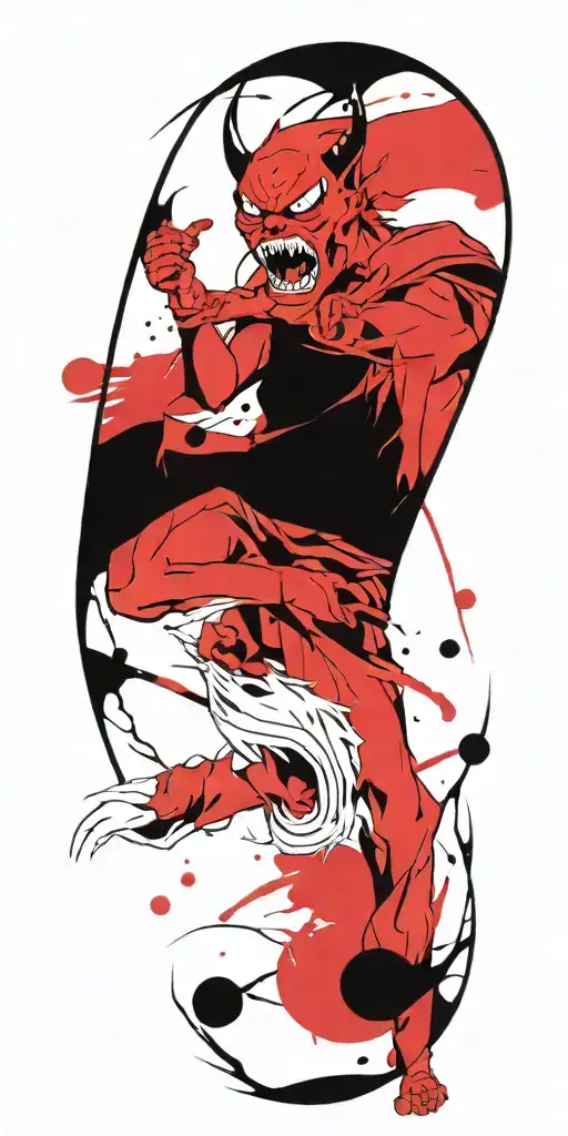 Anime Character Standing Screaming Wearing Oni Mask Fighting Off Inner Demons With Miminmal Black