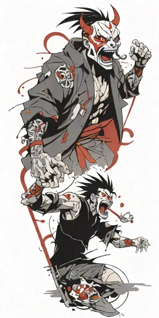 Anime Character Standing Screaming Wearing Oni Mask Fighting Off Inner Demons With Miminmal Black