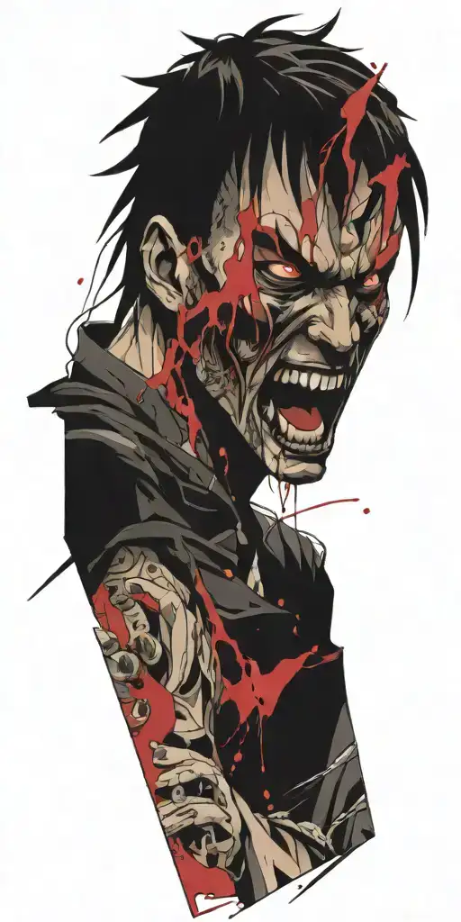 Anime Character Standing Screaming Wearing Oni Mask Fighting Off Inner Demons With Miminmal Black