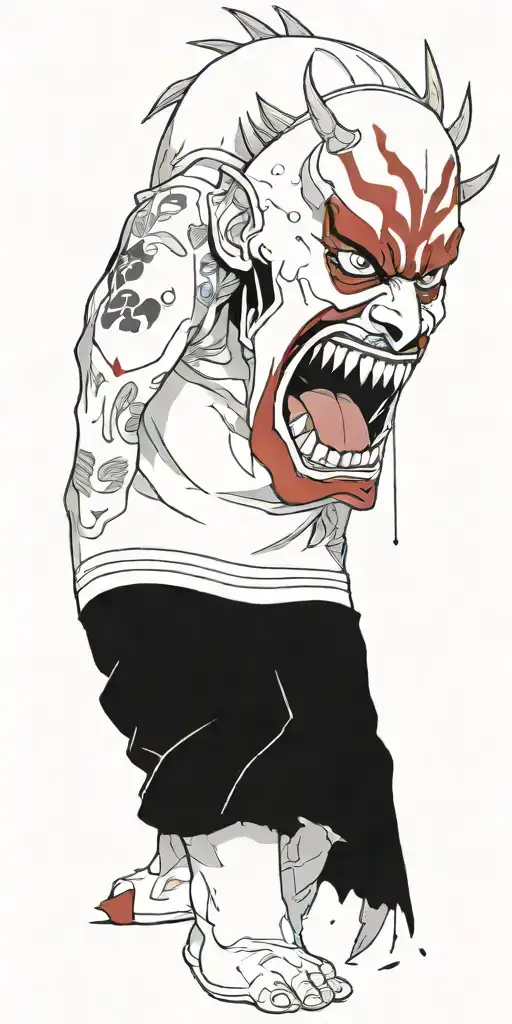 Anime Character Standing Screaming Wearing Oni Mask Fighting Off Inner Demons With Miminmal Black