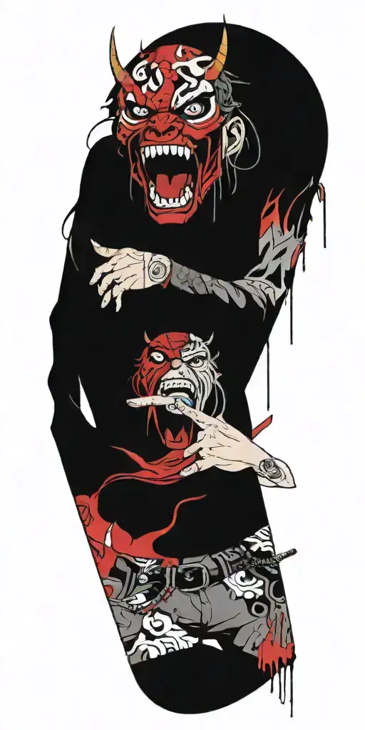 Anime Character Standing Screaming Wearing Oni Mask Fighting Off Inner Demons With Miminmal Black