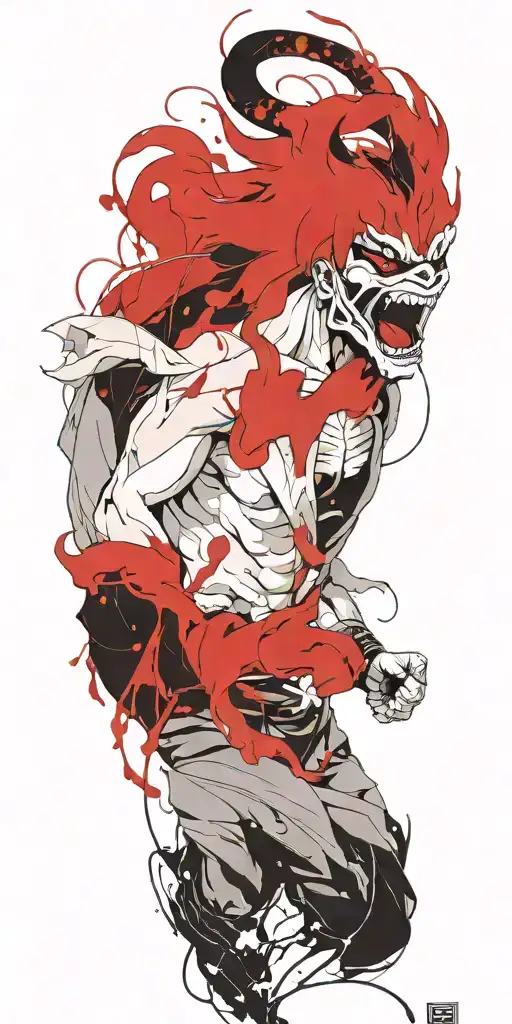 Anime Character Standing Screaming Wearing Oni Mask Fighting Off Inner Demons In Hell