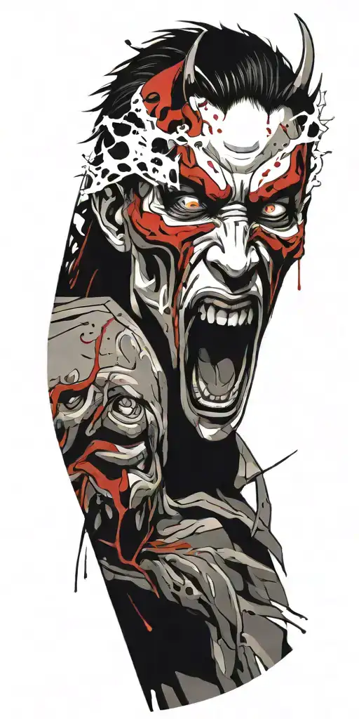 Anime Character Standing Screaming Wearing Oni Mask Fighting Off Inner Demons In Hell