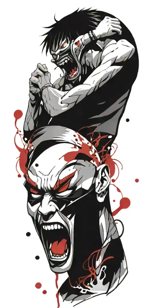 Anime Character Standing Screaming Wearing Oni Mask Fighting Off Inner Demons Drowning