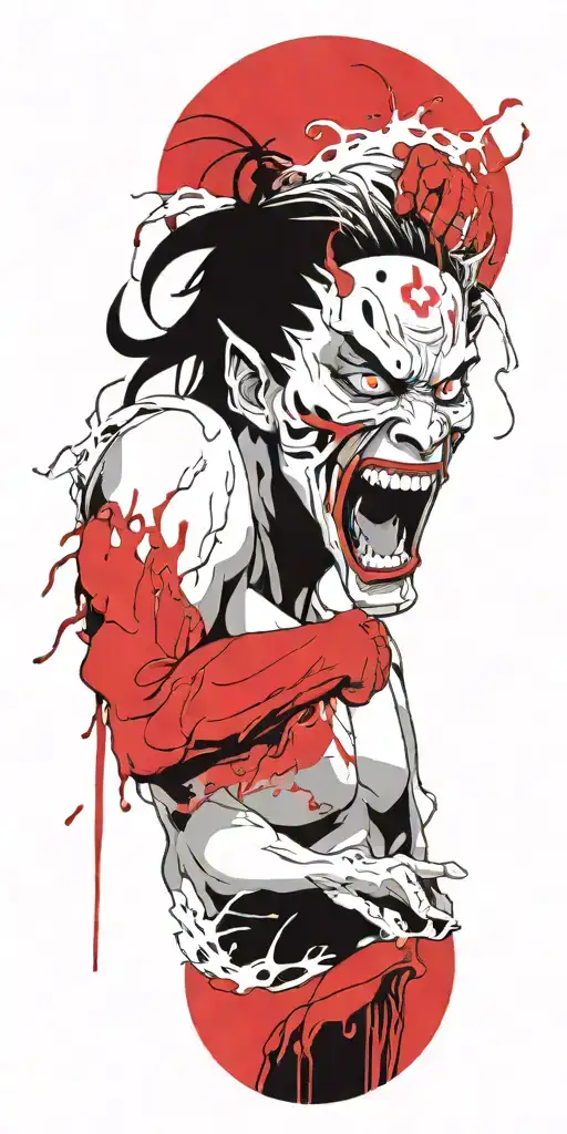 Anime Character Standing Screaming Wearing Oni Mask Fighting Off Inner Demons Drowning