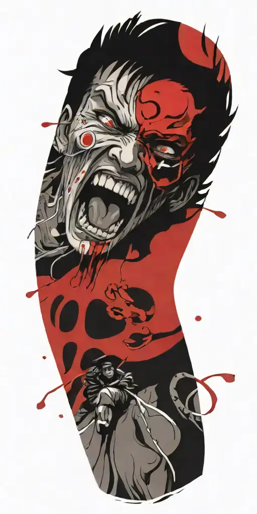 Anime Character Standing Screaming Wearing Oni Mask Fighting Off Inner Demons Drowning