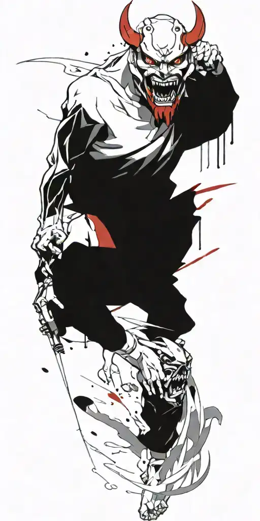 Anime Character Standing Screaming Wearing Oni Mask Fighting Off Inner Demons Drowning