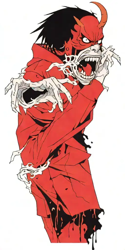 Anime Character Standing Screaming Wearing Oni Mask Fighting Off Inner Demons Drowning