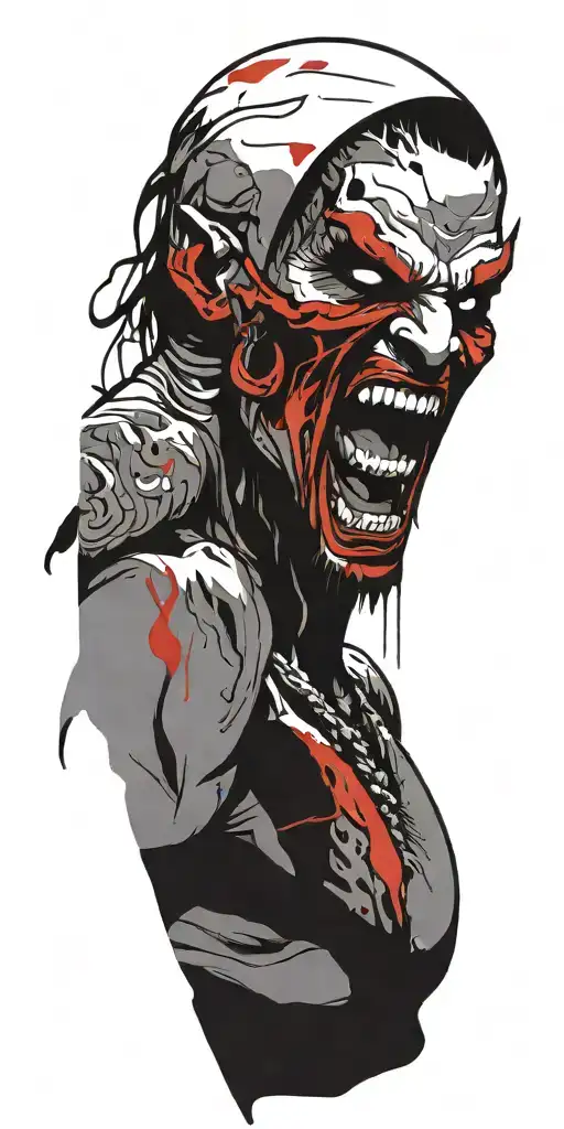 Half Man Half Demon Screaming Wearing Oni Mask Fighting Off Inner Demons Drowning