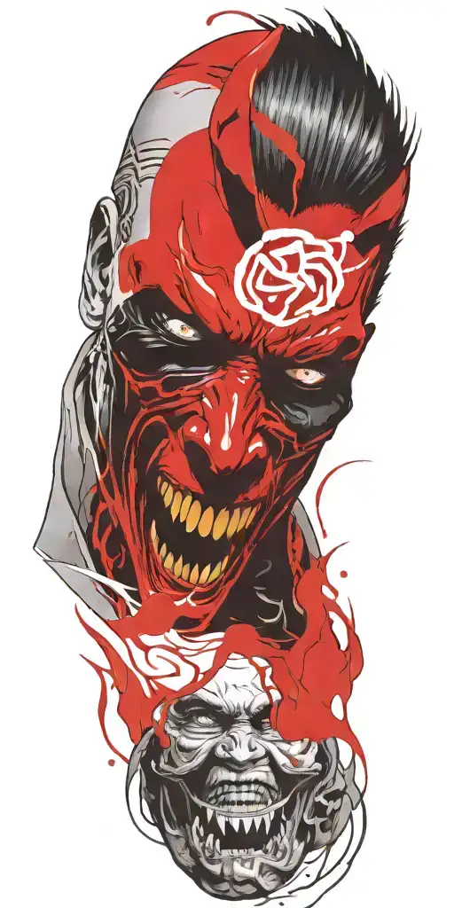 Half Man Half Demon Screaming Wearing Oni Mask Fighting Off Inner Demons Drowning