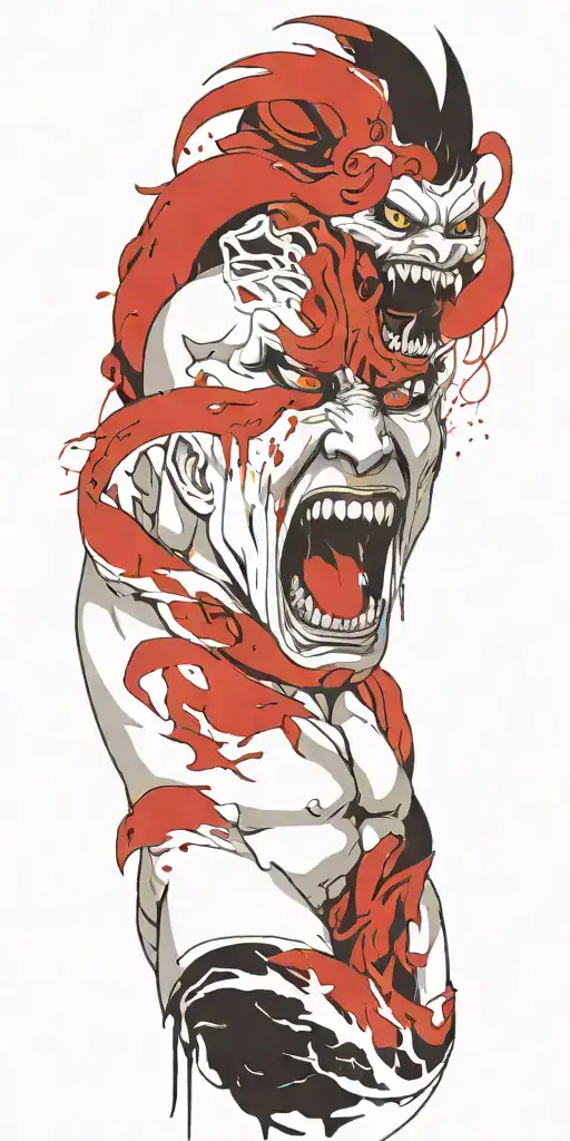 Half Man Half Demon Screaming Wearing Oni Mask Fighting Off Inner Demons Drowning
