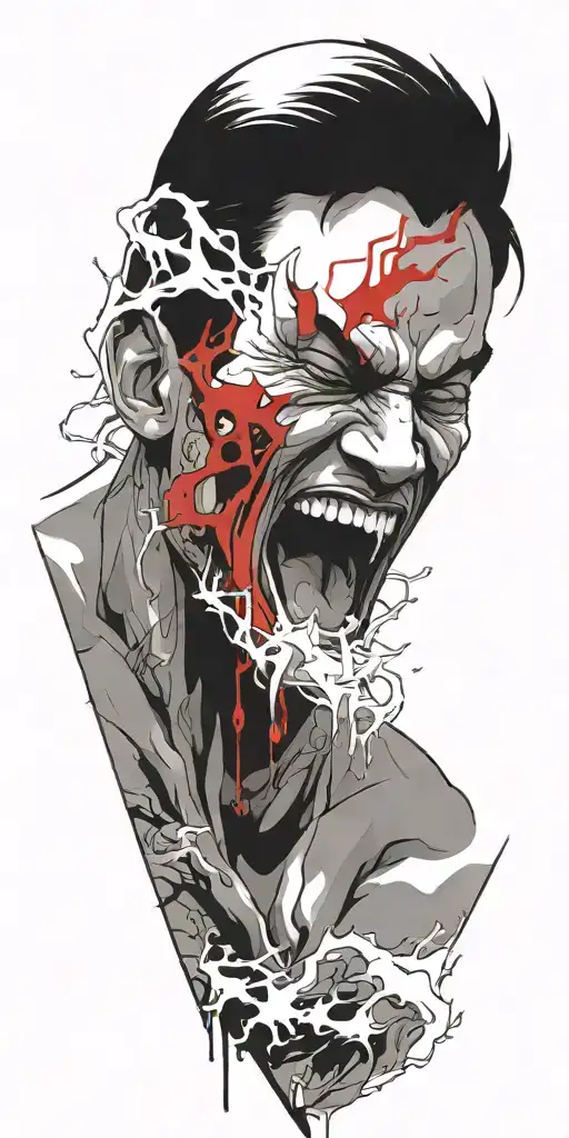 Half Man Half Devil Screaming Wearing Oni Mask Fighting Off Inner Demons Drowning