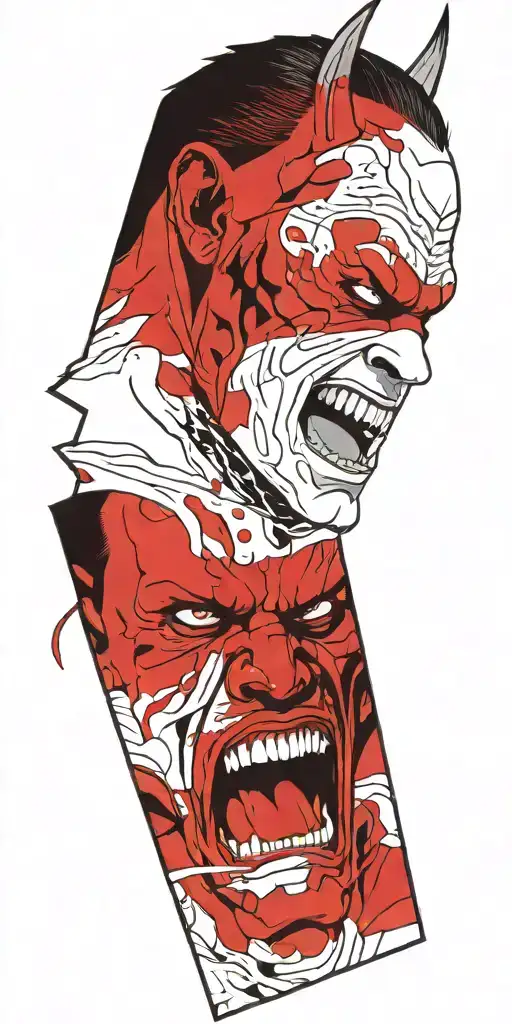 Half Man Half Devil Screaming Wearing Oni Mask Fighting Off Inner Demons