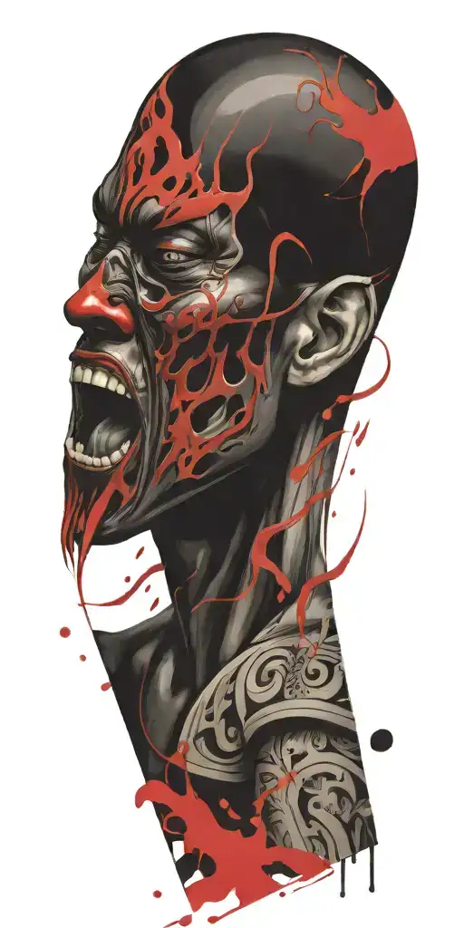 Character Screaming Wearing Oni Mask Fighting Off Inner Demons