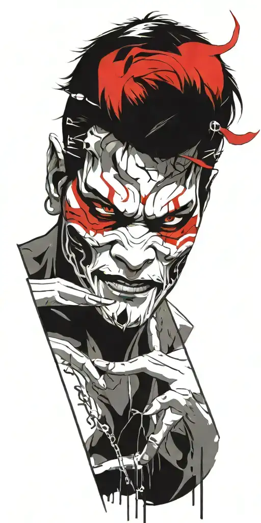 Man Wearing Oni Mask Fighting Off Inner Demons