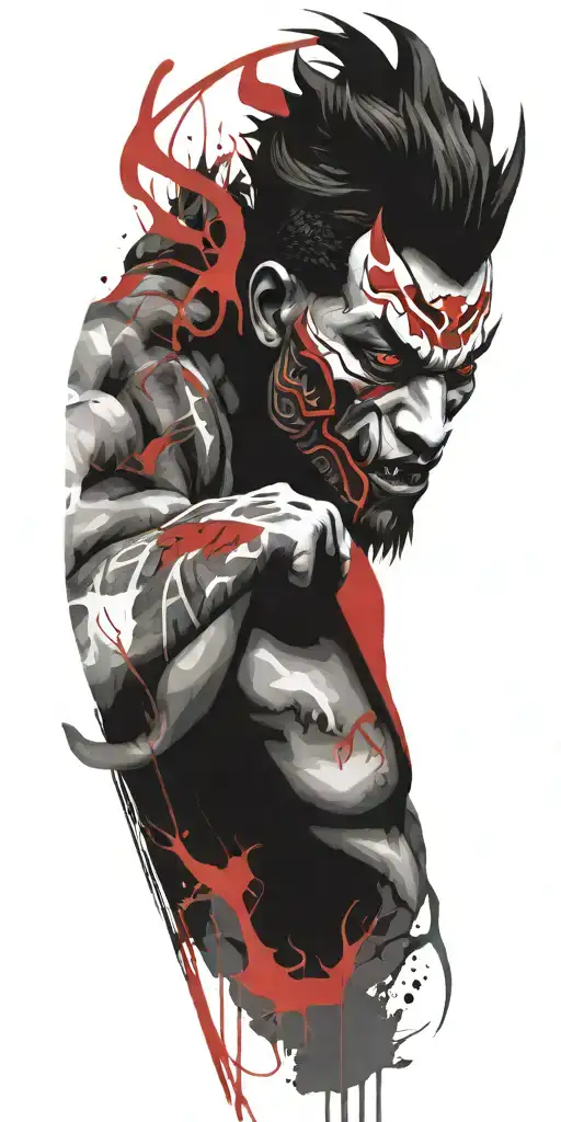Man Wearing Oni Half Mask Fighting Off Inner Demons