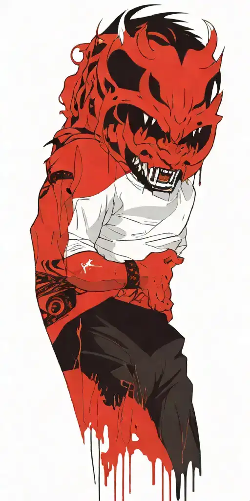 Man Wearing Oni Half Mask Fighting Off Inner Demons