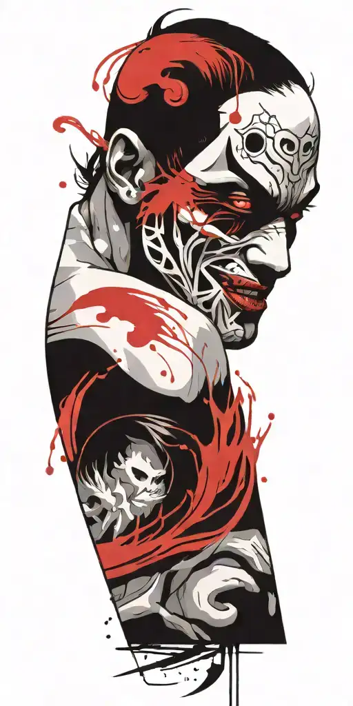 Man Wearing Oni Half Mask Fighting Off Inner Demons