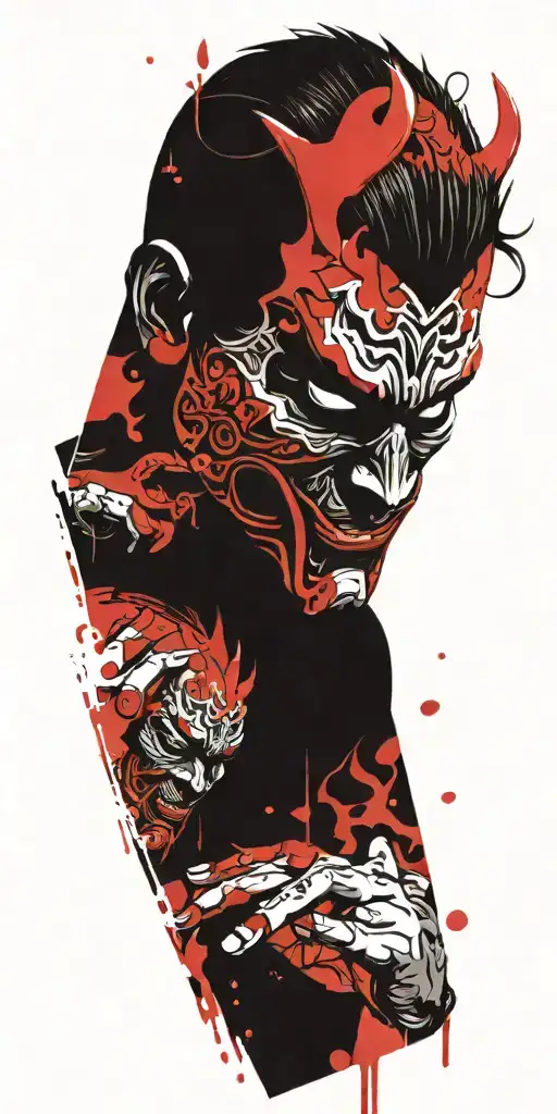 Man Wearing Oni Mask Fighting Off Inner Demons