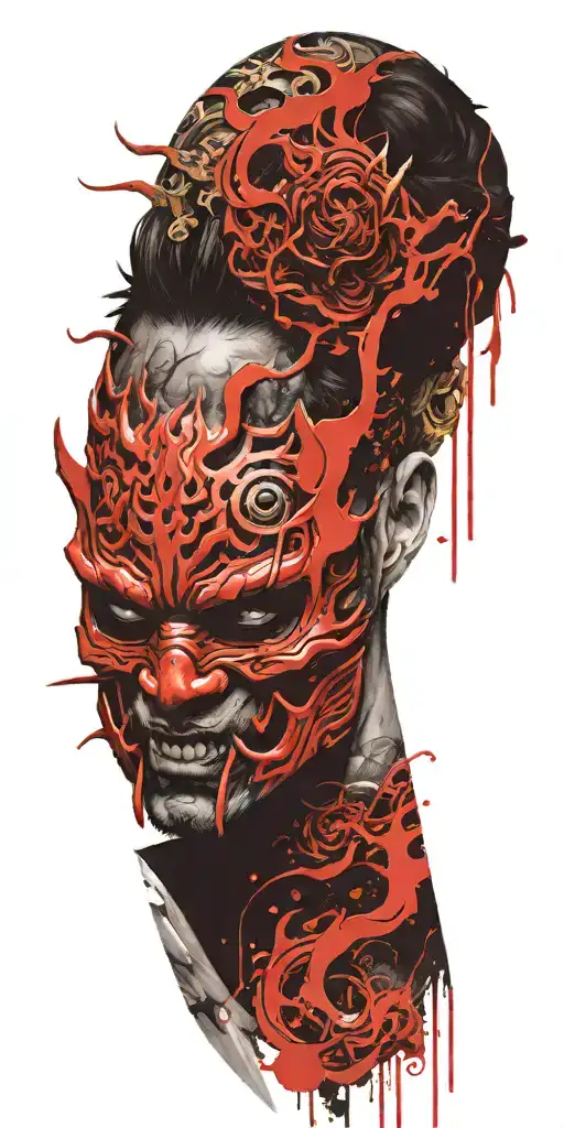 Man Wearing Oni Mask Fighting Off Inner Demons