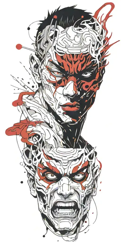 Male Anime Character Wearing Oni Mask Fighting Off Inner Demons