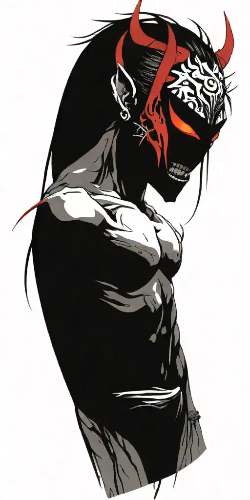 Male Anime Character Oni Mask Fighting Off Inner Demons