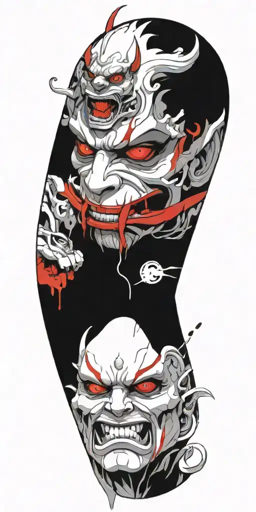 Male Anime Character Oni Mask Fighting Off Inner Demons With Minimal Black