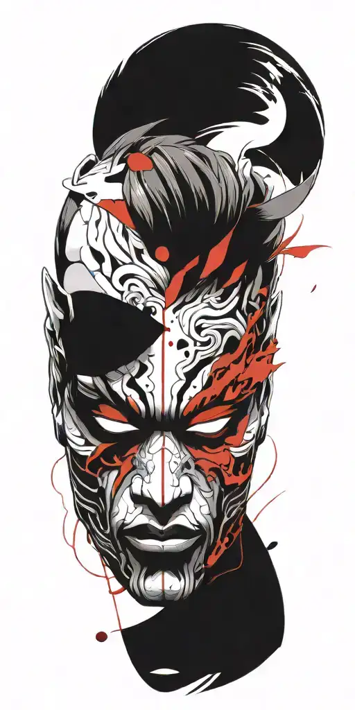 Male Anime Character Oni Mask Fighting Off Inner Demons With Minimal Black
