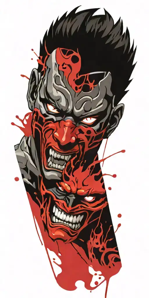 Male Anime Character Oni Mask Fighting Off Inner Demons With Minimal Black
