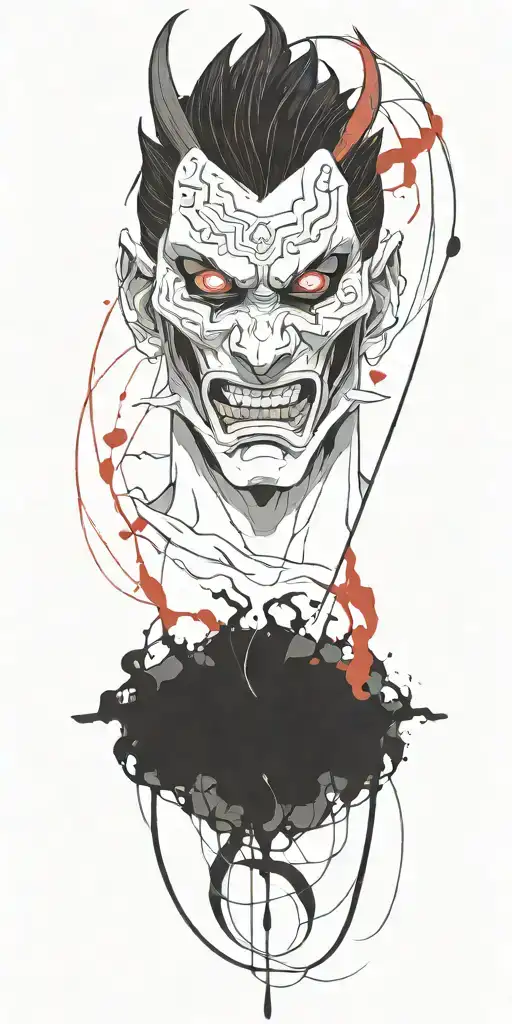Male Anime Character Oni Mask Fighting Off Inner Demons With Minimal Black