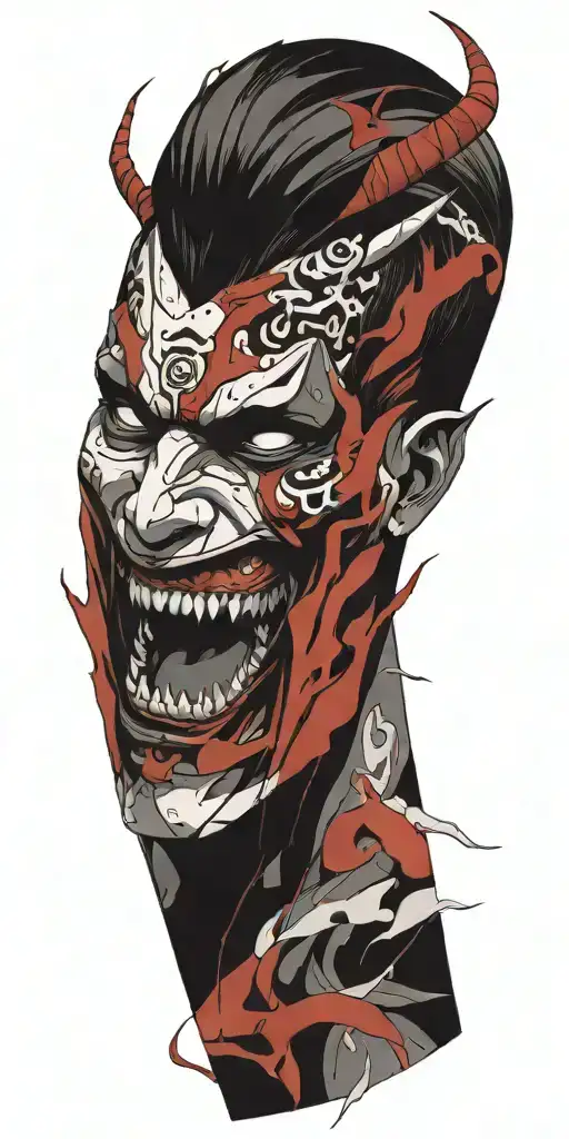 Male Anime Character Oni Mask Fighting Off Inner Demons With Minimal Black