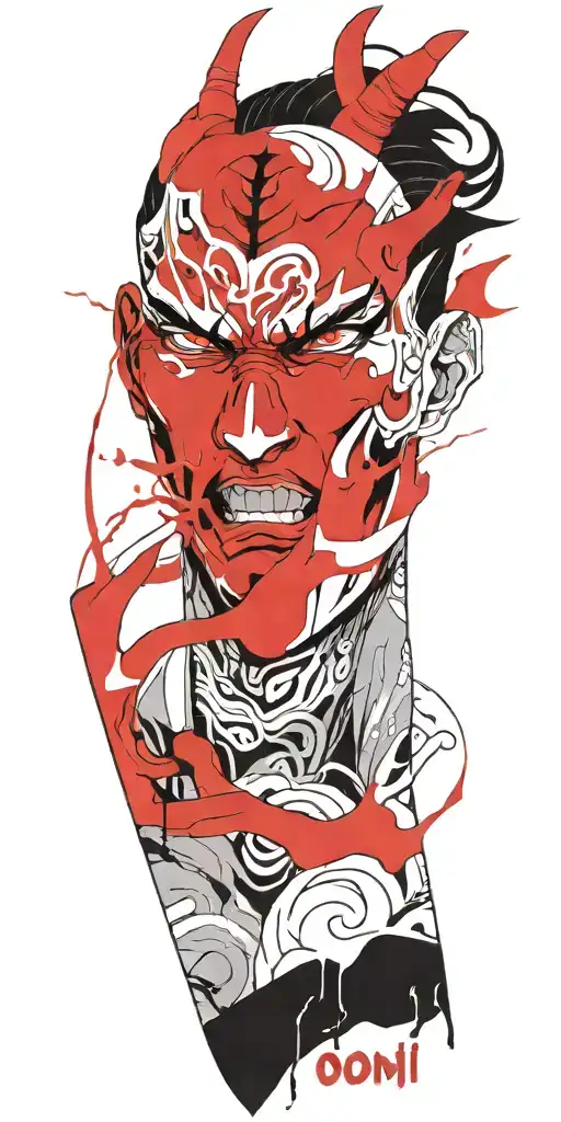 Male Anime Character Oni Mask Fighting Off Inner Demons With Minimal Black