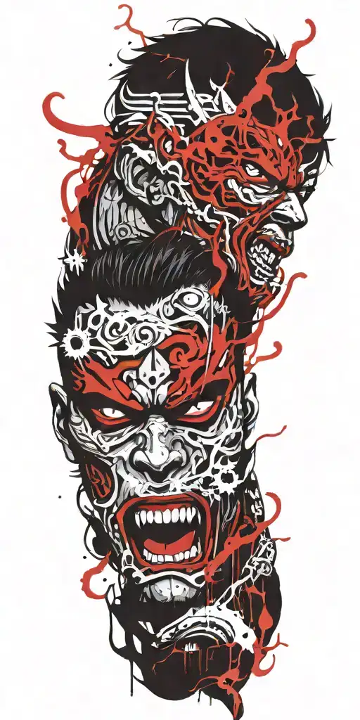Male Anime Character Wearing Oni Mask Fighting Off Inner Demons